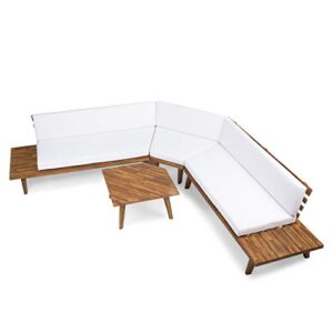 christopher knight home highpoint outdoor v-shaped acacia wood sectional sofa set with water resistant cushions, 4-pcs set, sandblast finish / white