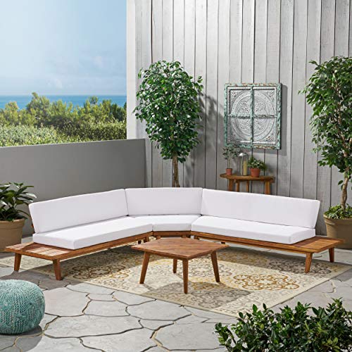 Christopher Knight Home Highpoint Outdoor V-Shaped Acacia Wood Sectional Sofa Set with Water Resistant Cushions, 4-Pcs Set, Sandblast Finish / White