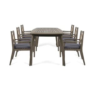 christopher knight home harvey outdoor 7 piece acacia wood dining set, gray finish/gray finish/dark gray