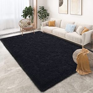 tepook super soft fluffy rug for bedroom, modern shaggy rug fuzzy kids rug for living room, plush indoor nursery home decor rug with non-slip bottom, black, 4 x 6 feet