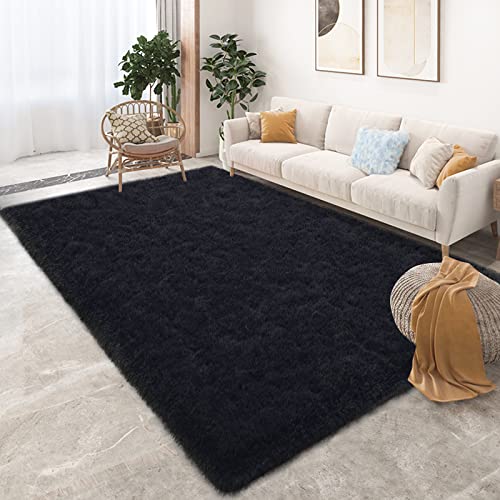 Tepook Super Soft Fluffy Rug for Bedroom, Modern Shaggy Rug Fuzzy Kids Rug for Living Room, Plush Indoor Nursery Home Decor Rug with Non-Slip Bottom, Black, 4 X 6 Feet