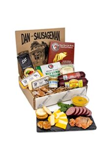 dan the sausageman’s pacific northwest gourmet gift basket ready to eat alder salmon, smoked beef summer sausages, sockeye salmon, cheddar and swiss cheeses- great for hiking, travel, road trips