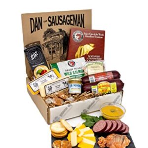 Dan the Sausageman's Pacific Northwest Gourmet Gift Basket Ready to Eat Alder Salmon, Smoked Beef Summer Sausages, Sockeye Salmon, Cheddar and Swiss Cheeses- Great for Hiking, Travel, Road Trips