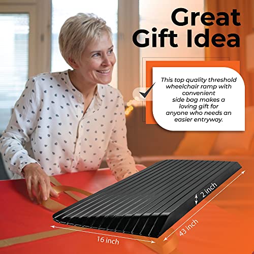 Rubber Threshold Ramp for Doorways, 2" Rise - Supports 10k lbs, Grooved Surface, Indoor/Outdoor, Smooth Beveled Edges, Non-Slip. Includes Side Bag for Wheelchair, Scooter, Cart