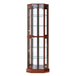 belleze lighted corner display curio cabinet wooden curved shelving unit with tempered glass door, bar and liquor storage area with 6 shelves – ashfield (walnut)