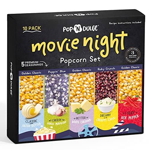 Popcorn Movie Night Popcorn Seasoning Popcorn Kernels, 5 Gourmet Popcorn Kernels and 5 Popcorn Flavoring variety, Non-GMO Movie Night Supplies Snack, Popcorn Gift Baskets - 10 Pack