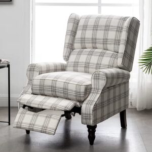 mellcom upholstered wingback massage recliner chair,traditional push back recliner with padded seat,mid century modern lounge chair armchair with wired remote for living room bedroom,beige plaid