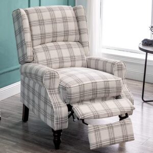 MELLCOM Upholstered Wingback Massage Recliner Chair,Traditional Push Back Recliner with Padded Seat,Mid Century Modern Lounge Chair Armchair with Wired Remote for Living Room Bedroom,Beige Plaid