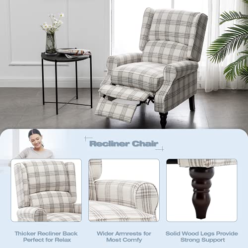 MELLCOM Upholstered Wingback Massage Recliner Chair,Traditional Push Back Recliner with Padded Seat,Mid Century Modern Lounge Chair Armchair with Wired Remote for Living Room Bedroom,Beige Plaid