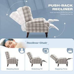 MELLCOM Upholstered Wingback Massage Recliner Chair,Traditional Push Back Recliner with Padded Seat,Mid Century Modern Lounge Chair Armchair with Wired Remote for Living Room Bedroom,Beige Plaid