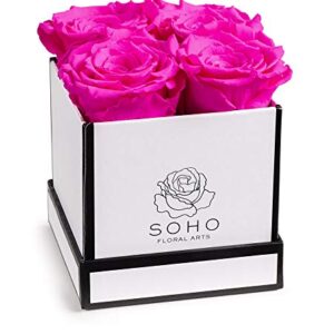 Soho Floral Arts | Roses in A Box | Genuine Roses that Last for Years (White Square 4ct, Radiant Pink) | Mothers Day Gifts