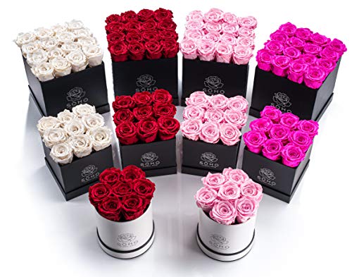 Soho Floral Arts | Roses in A Box | Genuine Roses that Last for Years (White Square 4ct, Radiant Pink) | Mothers Day Gifts