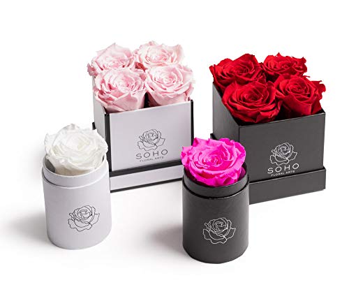 Soho Floral Arts | Roses in A Box | Genuine Roses that Last for Years (White Square 4ct, Radiant Pink) | Mothers Day Gifts