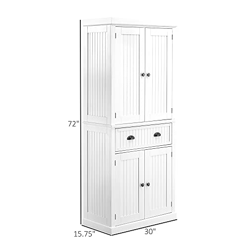 HOMCOM 72" Traditional Freestanding Kitchen Pantry Cabinet Cupboard with Doors and 3 Adjustable Shelves, White