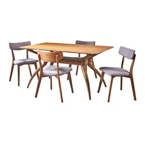 christopher knight home nissie mid-century wood dining set with fabric chairs, 5-pcs set, dark grey / natural walnut finish