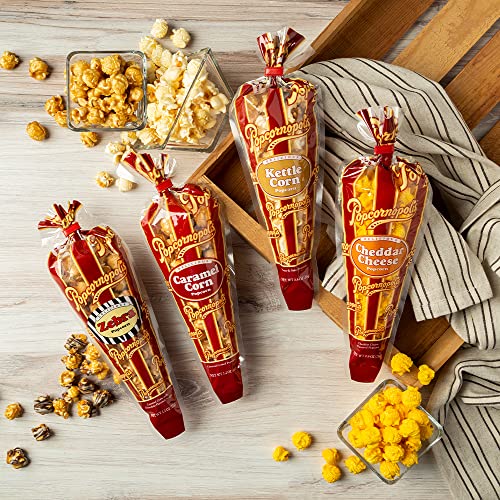 Popcornopolis Gourmet Popcorn Snacks, 12 Cone Variety Snack Packs (Gift Cone), Perfect Party Favors, Zebra Popcorn, Cheddar Cheese Popcorn, Caramel Popcorn & Kettle Corn Popcorn