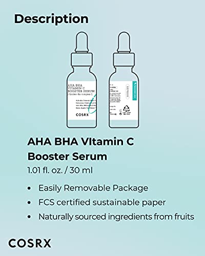 COSRX AHA BHA Vitamin C Booster Serum 1.01 fl. oz 30 ml, Face Serum, Brighten, Anti Aging, Plumping Skin, Natural, Fruit