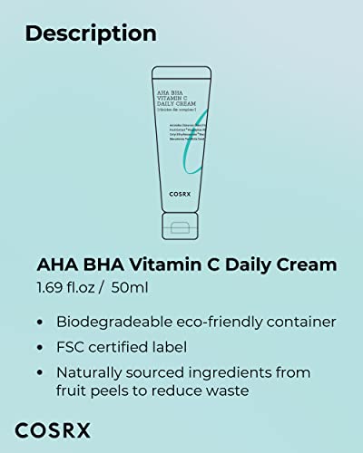 COSRX AHA BHA VITAMIN C Daily Cream 1.69 fl. oz 50 ml, Face Cream, Brighten, Anti Aging, Plumping Skin, Natural, Fruit