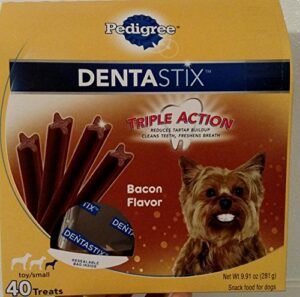 dentastix dog treats for small / toy sized dog snacks / 40 count big box! recommended 1x per day / bacon flavor / triple action clean breathe for you small or toy sized dog. did i mention bacon??!