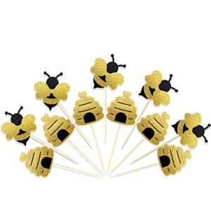 zonon 50 pieces bee toothpicks bulk bee cupcake toppers glitter bee cake picks decorations for baby shower birthday party favors supplies