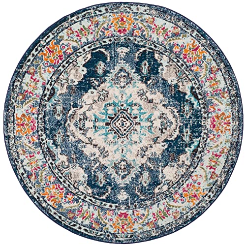 SAFAVIEH Monaco Collection 3' Round Navy/Light Blue MNC243N Boho Chic Medallion Distressed Non-Shedding Dining Room Entryway Foyer Living Room Bedroom Area Rug