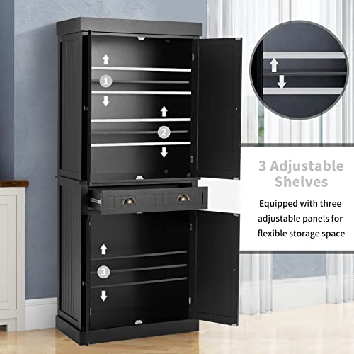 YOLENY Kitchen Pantry, 72” Freestanding Storage Cabinets with Doors and Shelves, Elegant Colonial Design Cabinet Cupboard with 3 Adjustable Shelves and 1 Storage Drawer,Black