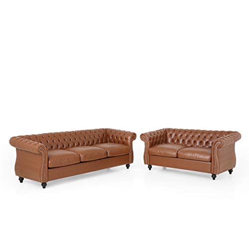 Christopher Knight Home Stephanie Traditional Chesterfield 2 Piece Living Room Set, Cognac Brown, Dark Brown