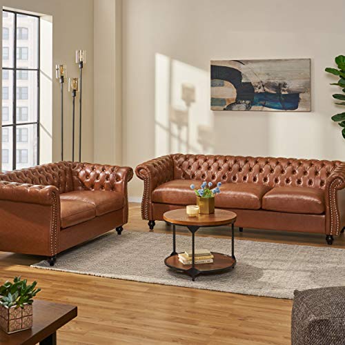 Christopher Knight Home Stephanie Traditional Chesterfield 2 Piece Living Room Set, Cognac Brown, Dark Brown