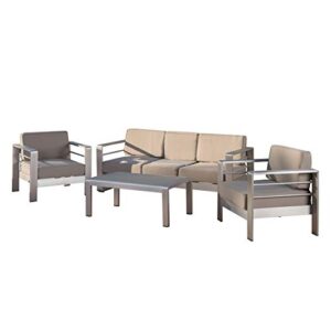 christopher knight home daisy coral outdoor aluminum chat set with water resistant cushions, 4-pcs set, khaki