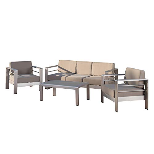 Christopher Knight Home Daisy Coral Outdoor Aluminum Chat Set with Water Resistant Cushions, 4-Pcs Set, Khaki