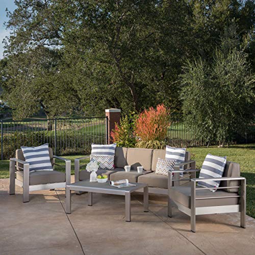 Christopher Knight Home Daisy Coral Outdoor Aluminum Chat Set with Water Resistant Cushions, 4-Pcs Set, Khaki