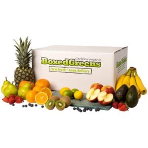 boxed greens 20lbs organic fruit gift basket – box includes bananas, apples, oranges, pears, kiwis, berries, lemons, limes, pineapple – great gift for family, friends, & coworkers – fresh fruit assortment