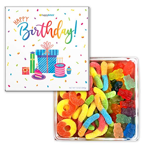 Happy Bites Happy Birthday Gummi Candy Gift Box with Gummi Bears, Sour Neon Gummi Worms, & Peach Gummi Rings - Gluten Free, Fat Free, Dairy Free