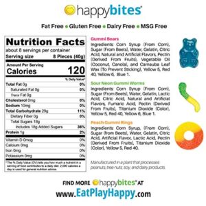 Happy Bites Happy Birthday Gummi Candy Gift Box with Gummi Bears, Sour Neon Gummi Worms, & Peach Gummi Rings - Gluten Free, Fat Free, Dairy Free