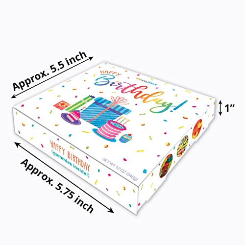 Happy Bites Happy Birthday Gummi Candy Gift Box with Gummi Bears, Sour Neon Gummi Worms, & Peach Gummi Rings - Gluten Free, Fat Free, Dairy Free