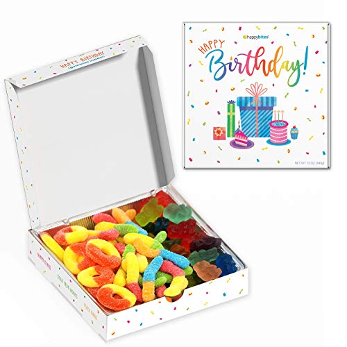 Happy Bites Happy Birthday Gummi Candy Gift Box with Gummi Bears, Sour Neon Gummi Worms, & Peach Gummi Rings - Gluten Free, Fat Free, Dairy Free