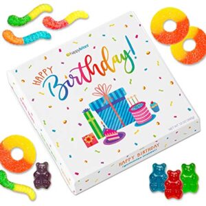 Happy Bites Happy Birthday Gummi Candy Gift Box with Gummi Bears, Sour Neon Gummi Worms, & Peach Gummi Rings - Gluten Free, Fat Free, Dairy Free