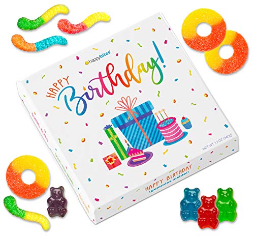 Happy Bites Happy Birthday Gummi Candy Gift Box with Gummi Bears, Sour Neon Gummi Worms, & Peach Gummi Rings - Gluten Free, Fat Free, Dairy Free