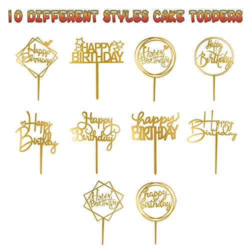 10-Pack Happy Birthday Cake Toppers,Gold Cake Toppers Acrylic Birthday Cake Supplies,4inchx6inch (Gold)