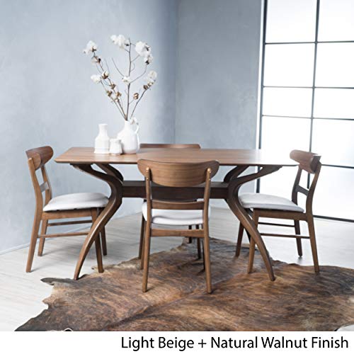 Christopher Knight Home Idalia Curved Leg Rectangular Dining Set, 5-Pcs Set, Natural Walnut / Light Beige