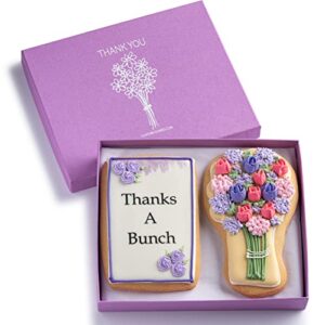 gourmet floral thank you cookie gift basket | 2 large 2.5 x 4.5 in vanilla sugar cookies hand-decorated snack variety pack | kosher bakery care package for women, men boys & girls | prime delivery