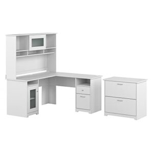 bush furniture cabot 60w l shaped computer desk with hutch and lateral file cabinet, white