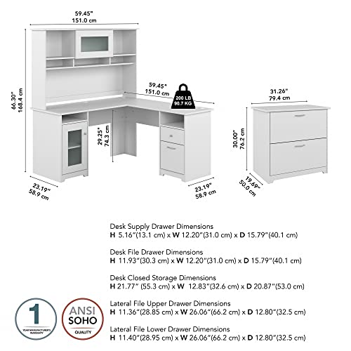 Bush Furniture Cabot 60W L Shaped Computer Desk with Hutch and Lateral File Cabinet, White