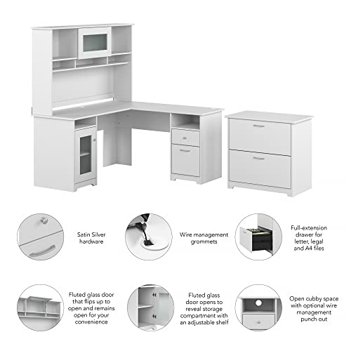 Bush Furniture Cabot 60W L Shaped Computer Desk with Hutch and Lateral File Cabinet, White