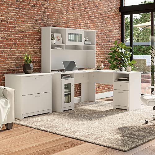 Bush Furniture Cabot 60W L Shaped Computer Desk with Hutch and Lateral File Cabinet, White