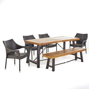 christopher knight home morley outdoor acacia wood dining set with wicker stacking chairs, 6-pcs set, teak finish / rustic metal / multibrown