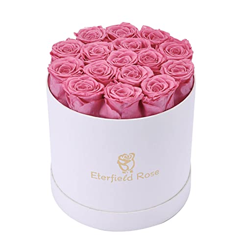 Eterfield Preserved Roses That Last a Year Eternal Rose in a Box Real Rose without Fragrance Gift for Her (Pink Rose, Round White Box)