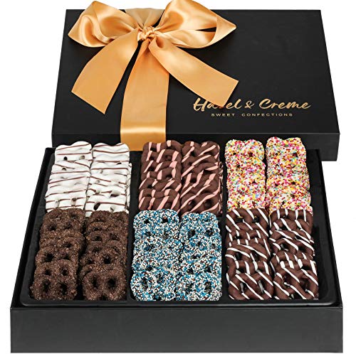 Hazel & Creme Chocolate Mini Pretzel Gift Basket - Chocolate Gift Box - Chocolate Covered Pretzels - Gourmet Holiday Food Arrangement - Snack Treat (Extra Large Box)