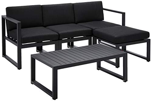 Christopher Knight Home Navan Outdoor Aluminum Sofa Set with Water Resistant Cushions, 5-Pcs Set, Dark Grey / Black