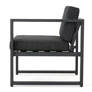 Christopher Knight Home Navan Outdoor Aluminum Sofa Set with Water Resistant Cushions, 5-Pcs Set, Dark Grey / Black